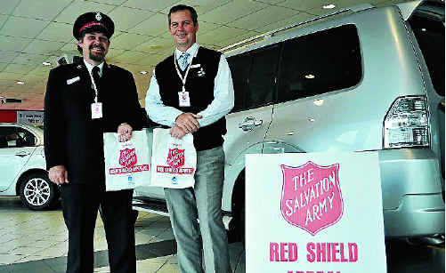 Salvation Army Captain Mark Williamson and Graeme Collins Automotive owner David Cassels will be knocking on doors this weekend to raise money for the Red Shield Appeal. Salvation Army Captain Mark Williamson and Graeme Collins Automotive owner David Cassels will be knocking on doors this weekend to raise money for the Red Shield Appeal.